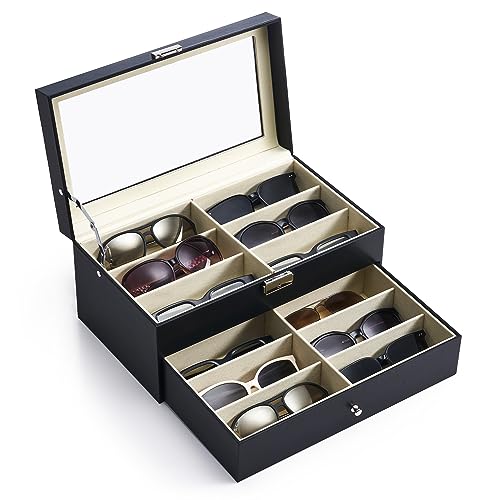 CO-Z Sunglasses Organizer with 12 Slots, Multiple Eyeglasses Eyewear Display Case for Women Men, 2 Story Leather Multi Sunglasses Jewelry Collection Holder with Drawer - color: Black