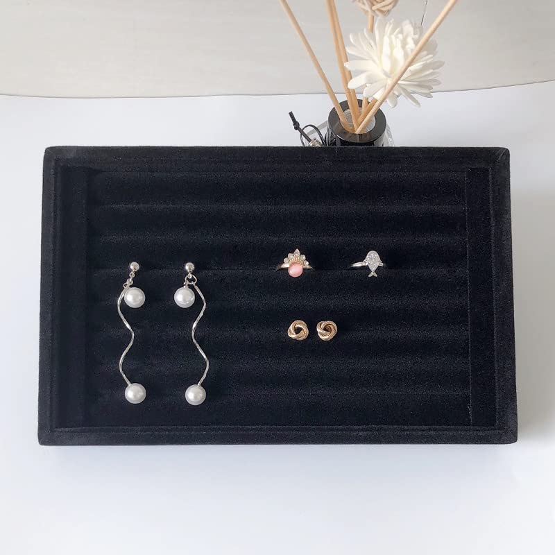 AKOAK 1 Pack Jewelry Display Tray Wooden Flannel Dresser Ring Earring Bracelet Watch Storage Case Portable Display Rack (black) - color: black
