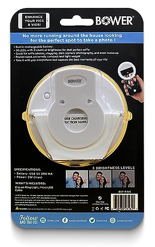 Bower Clip On Ring Light for Phone | 36 LED Ultra Wide Range Rechargeable Selfie Light with 3 Brightness Levels - Great for Selfie Photos, Vlogging, Make-Up, Dark Scenery, and More.