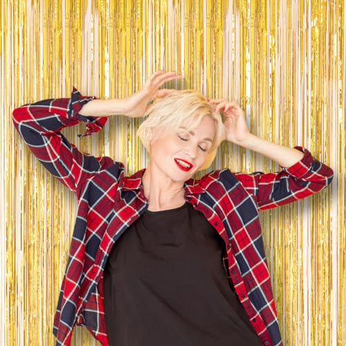 Voircoloria 3 Pack 3.3 x 8.2 ft Laser Gold Foil Fringe Backdrop Curtains, Tinsel Streamers Birthday Party Decorations, Fringe Backdrop for Graduation, Baby Shower, Gender Reveal, Disco Party - color: 06 Laser Gold