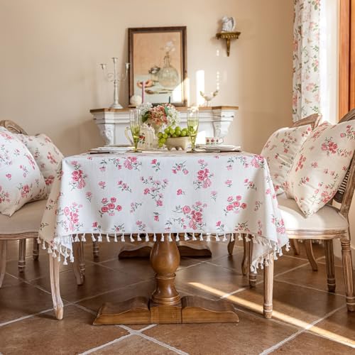 VClife White and Pink Print Table Cloth, Linen Texture Tablecloth for Rectangle Tables, Shabby Chic Vintage Flower Leaves Table Cover for 10-12 Seaters Decorative Fabric Furniture Protector, 60"x120" - color: Pink White Flowers, size: 120" x 60" (Rectangu