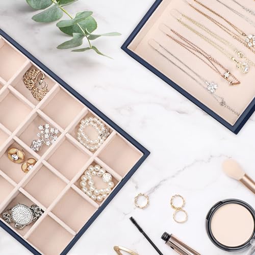Voova Stackable Jewelry Organizer Tray with Lid, PU Leather Jewelry Storage Holder for Drawer Inserts, Jewellery Display Box Case for Earring Necklace Ring Watch Bracelet (Set of 4, Navy Blue) - color: Navy Blue