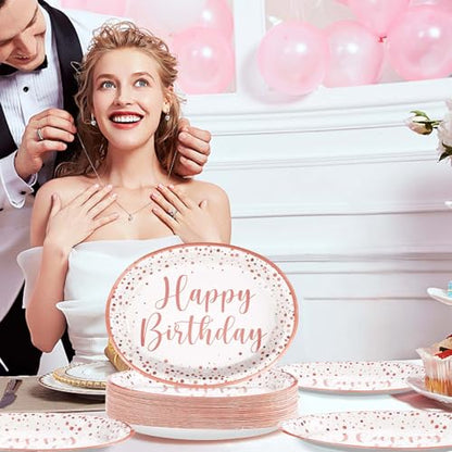 Grencian 50Pcs Pink Rose Gold Birthday Oval Plates 10" x 12" Large Heavy Duty Pink Dots Paper Plates Disposable 400GSM Tableware Dinnerware for Girls Women Rose Gold Birthday Party Decorations - style: Pink Rose Gold Oval Kit
