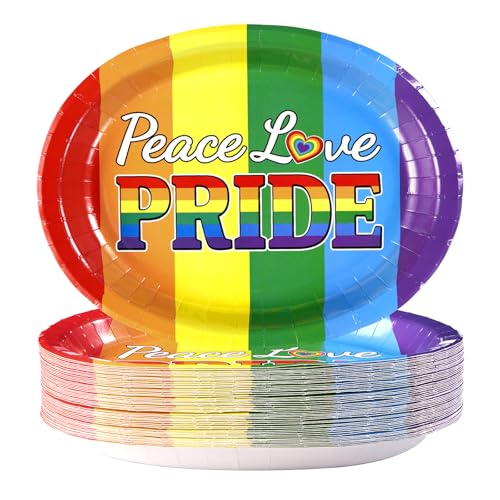Grencian 50PCS Pride Oval Paper Plates 10" X 12" Disposable LGBT Paper Plates Heavy Duty Colorful Rainbow Stripes Gay Pride Tableware Dinnerware for LGBT Party Pride Month Decorations - style: 50Pcs Pride Oval Kit