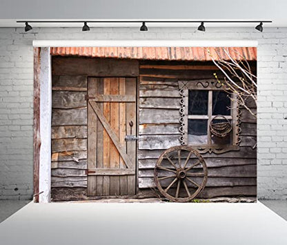 BELECO 5x3ft Fabric Old Wooden House Cabin Backdrop Rustic Farmhouse Barn Door Wooden Window Wheel Background Western Country Scene Cowboys Theme Party Decorations Kids Adults Photo Studio Props - size: 5x3FT