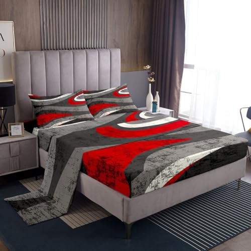 Feelyou Red and Gray Bed Sheets Set Abstract Art Sheet Set for Kids Boys Girls Teens Retro Circle Sheets with Deep Pocket Fitted Sheet Swirl Bedding Set 4Pcs with 2 Pillow Case Queen Size - color: Multi Aa04, size: Queen