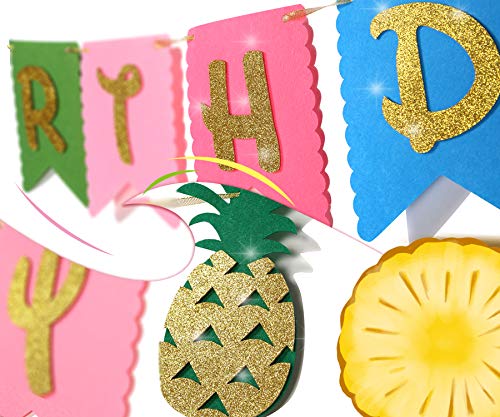 Hawaiian Birthday Party Decoration for Luau Summer Pool Glitter Gold Birthday Banner for Aloha Party Coconut Palm and Beach Happy Birthday Banner Photography Props