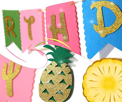 Hawaiian Birthday Party Decoration for Luau Summer Pool Glitter Gold Birthday Banner for Aloha Party Coconut Palm and Beach Happy Birthday Banner Photography Props