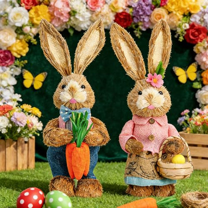 Easter Bunny Decor 13.38 in Standing Sisal Rabbit Figurine Handmade Easter Straw Mr. Bunny Statues Spring Straw Bunny Cute Photo Props Gifts for Farmhouse Spring Home Porch Decor Easter Table Decor