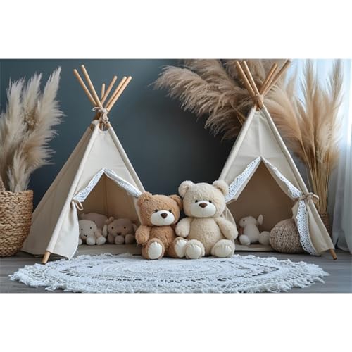 YongFoto Bear Theme Backdrop 6x4ft Tent Blanket Pampas Boho Photography Background Baby Shower Cradle Ceremony Kid Birthday Party Banner Baby Portraits Photoshoot Wallpaper Photo Studio Booth Prop - color: Style 3, size: 6ftx4ft