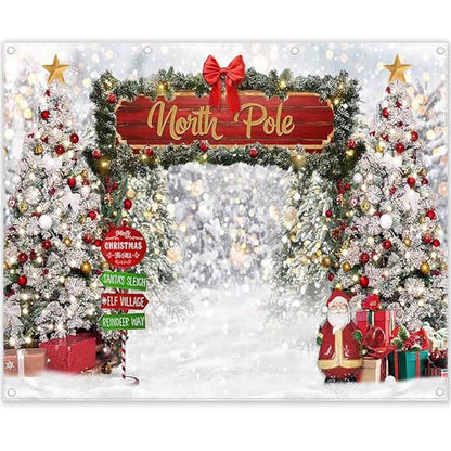 Fabric 10x8ft Merry Christmas Winter Bokeh Photography Backdrop North Pole Forest Snow Xmas Tree Background Santa Party Decoration Holiday Photo Banner Props - size: 10'x8'