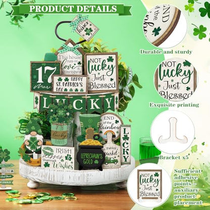 Yuntau 24 Pcs St Patrick's Day Tiered Tray Decor St Patty's Day Decorations Shamrock Irish Lucky Wooden Signs St. Patrick's Day Table Home Kitchen Bar Decoration - style: Retro