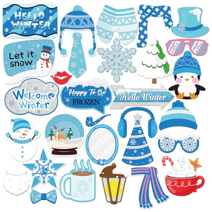 INNORU Snowflake Winter Party Photo Booth Props, Welcome Winter Photoshoot Winter Baby Shower Party Photography Props Favor Let it Snow Centerpiece Sticks Decorations 30 PCS