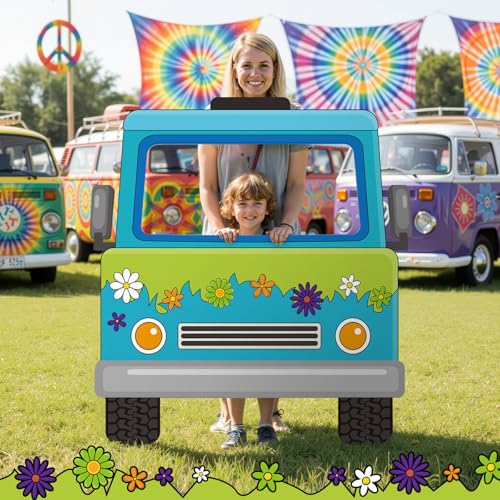 Capoda Mysterious Van Photo Backdrop Stand up Cardboard Cutout for Hippie Daisy Party Decorations - 55 x 52 Inch Large Retro Daisy Flower Truck Standee with Face Hole for Birthday Party Supplies - style: Hippie Car