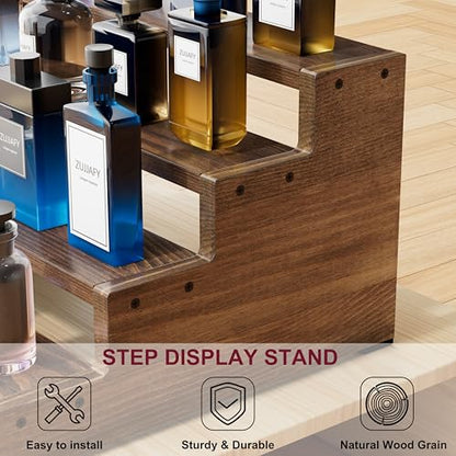 ZUJJAFY Cologne Organizer for Men, 4 Tier Wooden Cologne Stand Mens Fragrance Shelf, Tiered Wood Risers Display Stands for Perfume, Cupcake, Figures, Dessert, Brown - color: Brown