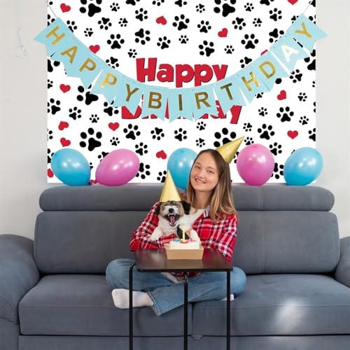 Renaiss 10x8ft Pet Footprints Birthday Backdrop Red Hearts Dog Cat Paw Prints Birthday Background for Photography Pet Themed Happy Birthday Party Banner Cat Dog Footprints Birthday Photo Booth Props - color: Paw792, size: 10x8ft