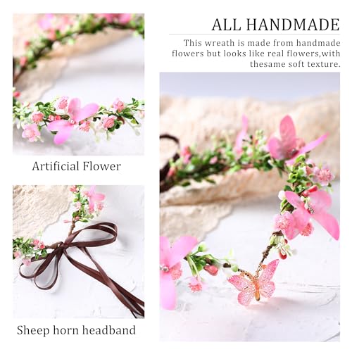 MOSTORY Handmade Fairy Butterfly Crown - Elf Flower Hadpiece Elven Headband for Women s Spring Wedding Maternity Shoot - color: Pink-green