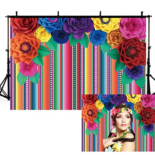 Mexican Colorful Paper Flower Fiesta Photography Backdrop Cinco De Mayo Carnival Festival Backdrops Colorful Stripe Party Supplies Banner for Artistic Portrait Photo Shoot Studio Props - size: 9x6