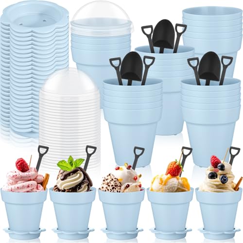 Honeydak 25 Pack Flowerpot Dessert Cup Plastic Cake Cups with Lid Shovel Spoon Mini Flower Pot Dessert Cups Ice Cream Yogurt Cupcake Holder Containers for Birthday Party Supplies DIY Baking(Blue) - color: Blue