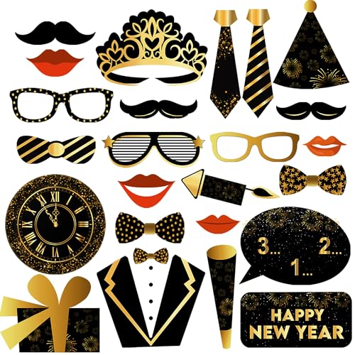 KatchOn, New Years Photo Booth Props 2026 - Pack of 27 | Black and Gold New Years Eve Photo Booth Props for Happy New Years Decorations 2026 | New Year Party Favors | New Years Eve Party Supplies - color: Black and Gold