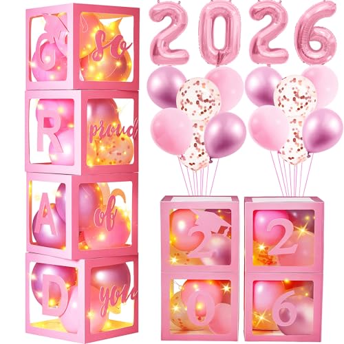 AYGXU Graduation decorations class of 2026 pink- Graduation Decorations, Balloons Box (4PCS) with letters&balloons,2026 balloons,LED String Light,graduation party decorations - color: Pink