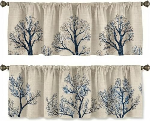 Minimalist Tree Curtain, Two-Pack, Indigo Branch Linen Botanical Pattern,Applicable to Bathroom, Bedroom, 54x18 inches. - color: Minimalist Tree