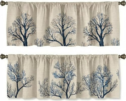 Minimalist Tree Curtain, Two-Pack, Indigo Branch Linen Botanical Pattern,Applicable to Bathroom, Bedroom, 54x18 inches. - color: Minimalist Tree
