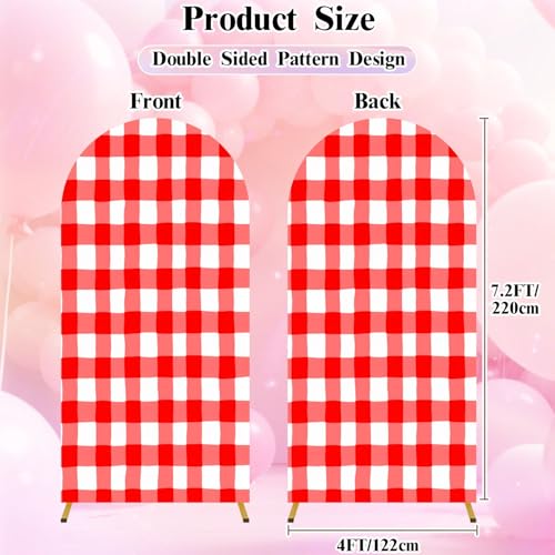 7.2FT Wedding Arch Backdrop Cover Red White Gingham Seamless Checkered Texture for Picnic Blanket Spandex Fitted Fabric Round Top Stretchy Stand Covers for Baby Shower Birthday Party Decoration - color: Color5, size: 7.2x4 FT