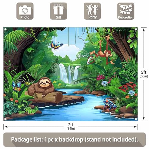 Polyester 7x5ft Rainforest Backdrop Tropical Jungle Forest Safari Animal Background for Kids Adventure Party Decorations Summer Event Photo Banner Props - size: 7'x5'