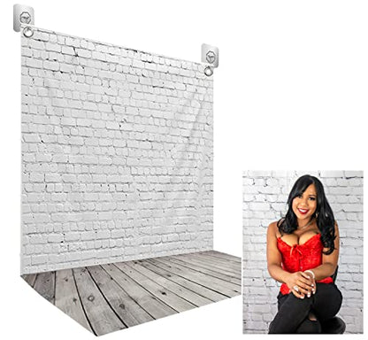 HUAYI White Brick Wall with Wooden Floor Design Photography Backdrop with 2 Hooks for Newborn Portrait Smash Cake D-2504 (5x7ft(Cotton+2Hooks)) - size: 5x7ft-CottonPoly