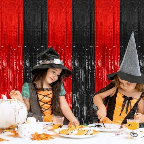 2 Pack Black and Red Party Backdrop Streamers Decorations Foil Fringe Curtains Metallic Tinsel Backdrop for Birthday Halloween Christmas New Year Fancy Ball Graduation Party Decor - color: Black Red, size: 2 Pcs