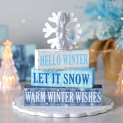 Geelin 4 Pieces Hello Winter Wooden Table Decorations Let It Snow Wooden Signs Rustic Snowflake Tiered Tray Decor Winter Wishes Tabletop Centerpieces for Home Desk Room Kitchen Shelf - style: Snowflake