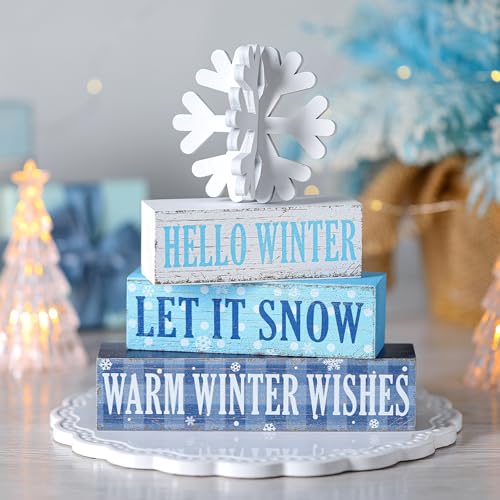Geelin 4 Pieces Hello Winter Wooden Table Decorations Let It Snow Wooden Signs Rustic Snowflake Tiered Tray Decor Winter Wishes Tabletop Centerpieces for Home Desk Room Kitchen Shelf - style: Snowflake