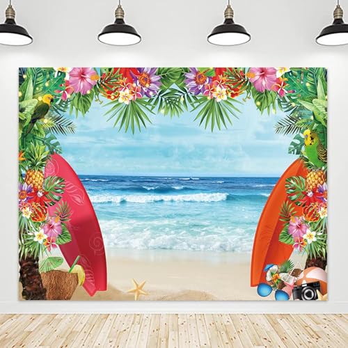 HQM 10X8FT Summer Tropical Beach Theme Photo Background Beach Conch Hawaii Blue Sea Flower Children Birthday Luau Party Photography Backdrop Cake Table Decor Supplie - size: 10x8 FT