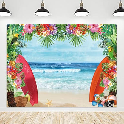 HQM 10X8FT Summer Tropical Beach Theme Photo Background Beach Conch Hawaii Blue Sea Flower Children Birthday Luau Party Photography Backdrop Cake Table Decor Supplie - size: 10x8 FT