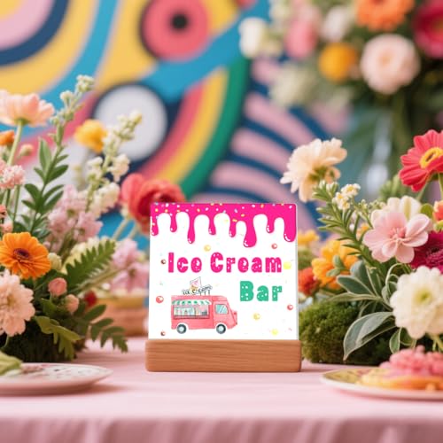Ice Cream Bar Sign Birthday Party Signs Table Decorations, Ice Cream Party Supplies Set for Tables & Counters Desk Decor - color: Flower07
