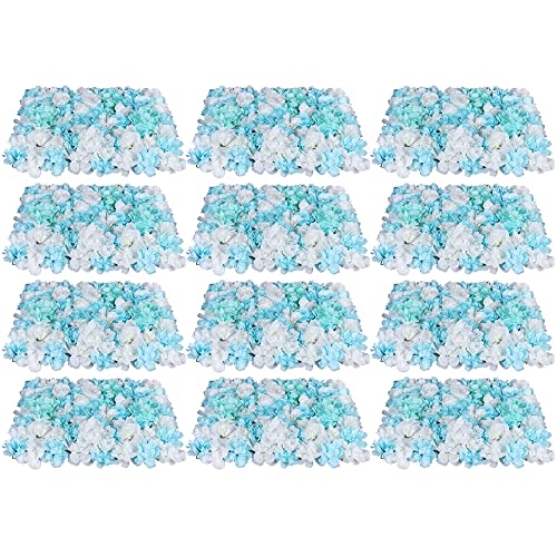 LOYALHEARTDY 12 Pack Artificial Flower Wall Panels 24" x 16" Blue & White Faux Hydrangea and Rose Artificial Flower Backdrop Panels for Wedding Party Event Flower Wall Decor - color: 12pcs, Blue&white