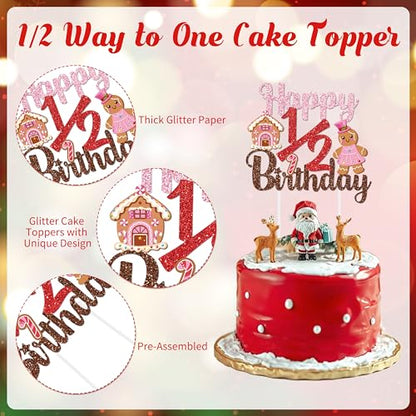 1/2 Birthday Christmas Half Birthday Decorations - Christmas It's My 1/2 Bday Banner Glitter Cake Topper Tassel High Chair Banner & Cone Hat Halfway to One Boy Girl Party Supplies - color: Red