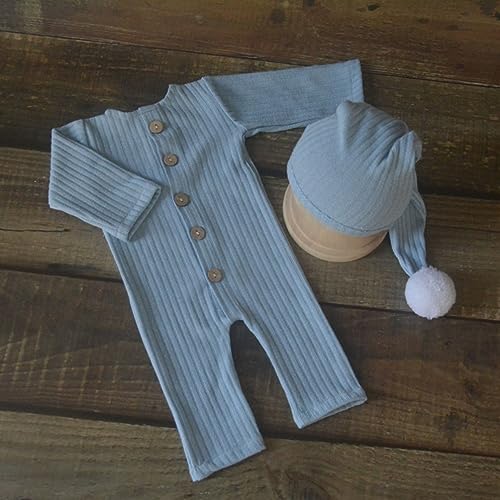 Newborn Baby Photo Shoot Props Girl Boy Crochet Knit Hat Costume Stripe Hat Pants Overalls Photography Props - color: Baby Blue