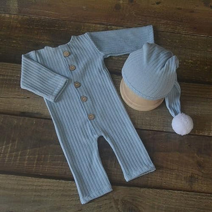Newborn Baby Photo Shoot Props Girl Boy Crochet Knit Hat Costume Stripe Hat Pants Overalls Photography Props - color: Baby Blue