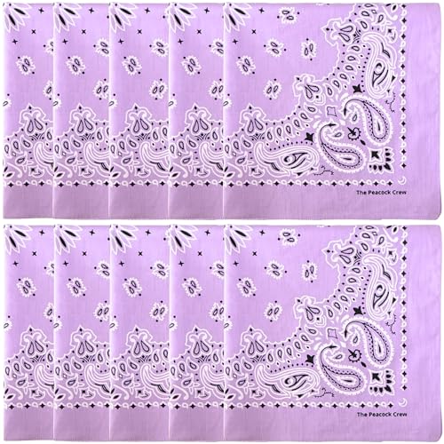 The Peacock Crew Premium Soft Cotton Bandanas Pack for Men and Women Paisley 22 x 22 inches - color: Pack of 10 Lavender