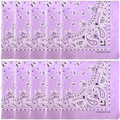The Peacock Crew Premium Soft Cotton Bandanas Pack for Men and Women Paisley 22 x 22 inches - color: Pack of 10 Lavender