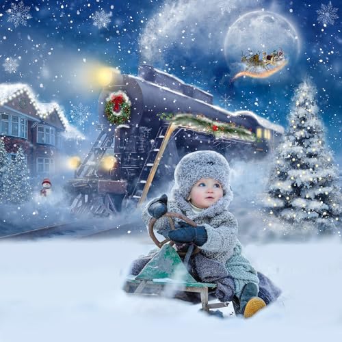 Avezano Christmas Train Backdrop Snow Night Christmas Polar Express Backdrop Moon Santa Claus Railway Photography Background Xmas Day Party Banner Decoration (7x5ft, 83x59inch) - size: 7x5ft, 82x59inch