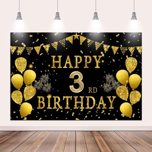 5x3ft Happy 3rd Birthday Party Photography Backdrop, Glitter Black and Gold Balloons Background for Girl Boy Third Bday Shining Diamond Three Years Old Birthday Party Supplies - color: 3rd, size: 5x3ft