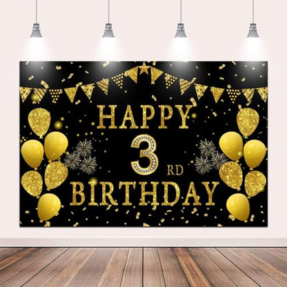 5x3ft Happy 3rd Birthday Party Photography Backdrop, Glitter Black and Gold Balloons Background for Girl Boy Third Bday Shining Diamond Three Years Old Birthday Party Supplies - color: 3rd, size: 5x3ft
