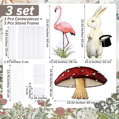 Soulchen 3 Pcs 24 Inch Wonderland Tea Party Decorations Yard Decor Bunny Flamingo Mushroom Yard Signs with Stakes Large Photo Booth Props Backdrop for Party Large Lawn Garden Indoor Outdoor - style: Wonderland