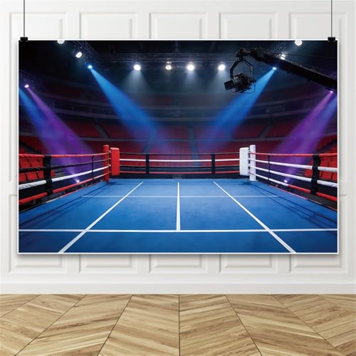 5x3ft Boxing Ring Backdrop Blue Arena Red White Ropes Stadium Lights Sports Photography Background for Boxing Match Boys Birthday Party Sports Event Decor Photo Booth Props Polyester - color: Blue-1, size: 5x3ft
