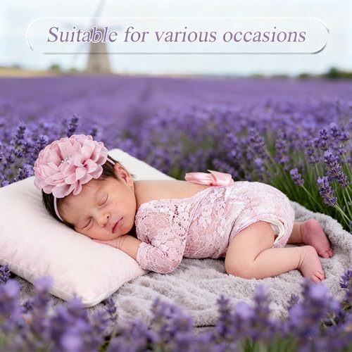 Newborn Photography Outfits, Cute Baby Lace Ribbon Rompers with Headband for Infant Photography Props - color: Pink