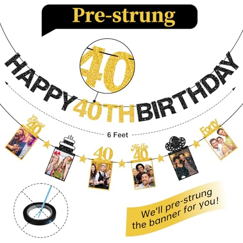 Guiruiy Pre-strung Happy 40th Birthday Photo Banner Decorations for Men Women, Black Gold Glitter Hello 40 Birthday Photo Hanging Banner Party Supplies, Cheers to 40 Years Old Bday Sign - style: Black Gold 40th
