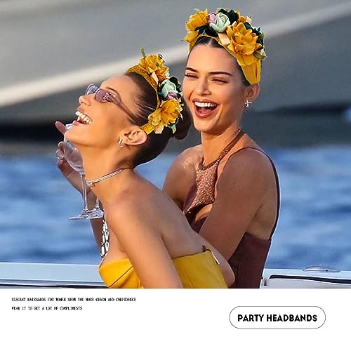 Flower Headbands for Women Boho Yellow Floral Headband Wide Autumn Wedding Hairband statement Hair Accessories(Yellow) - color: Yellow